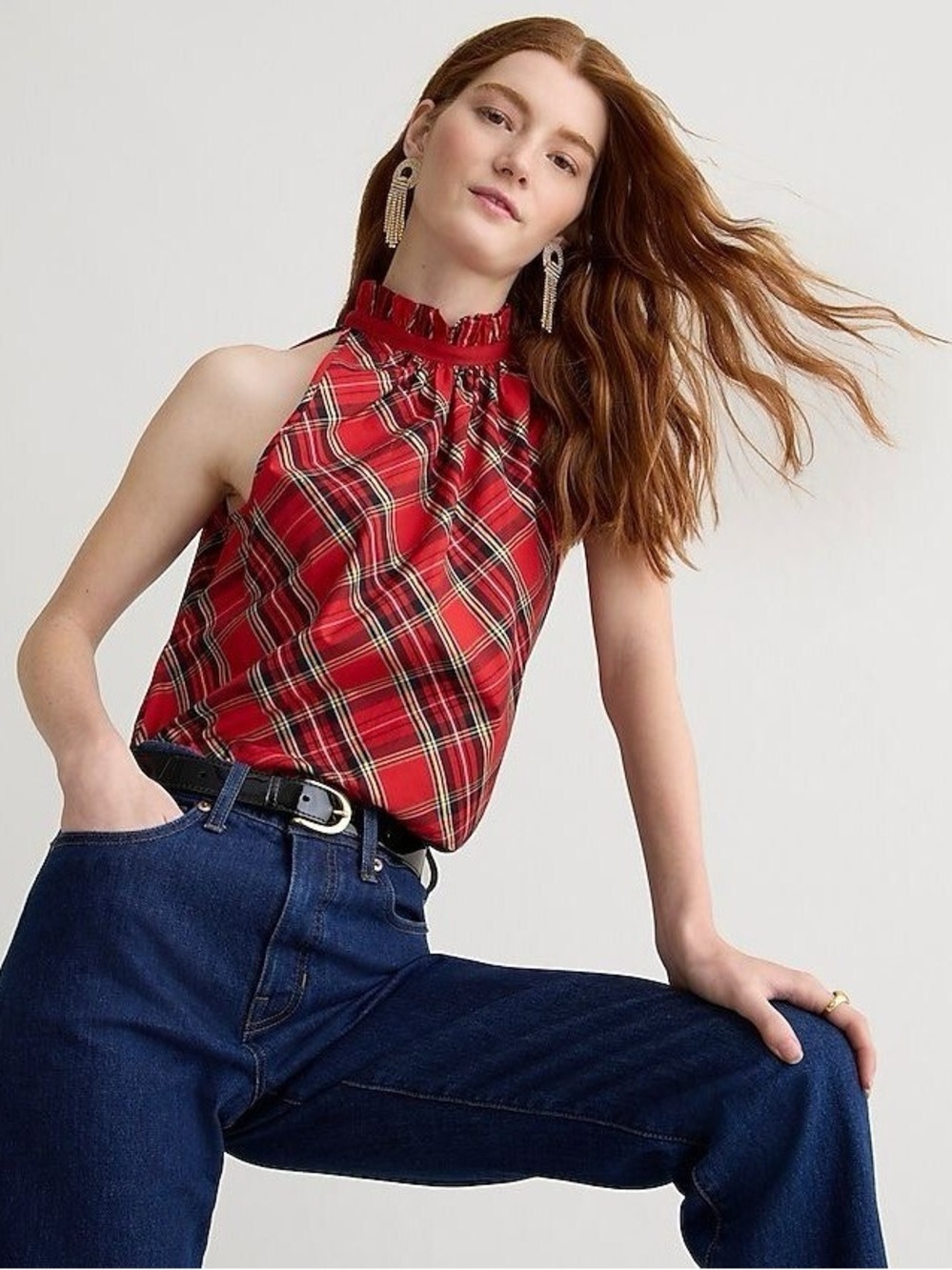 New J. Crew Ruffleneck sleeveless cotton poplin top Good Tidings plaid XL Preppy
